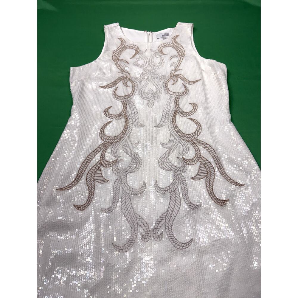 Belle Badgley Mischka white sleeveless dress Sz 10 gold embroidery sequin - Picture 4 of 13